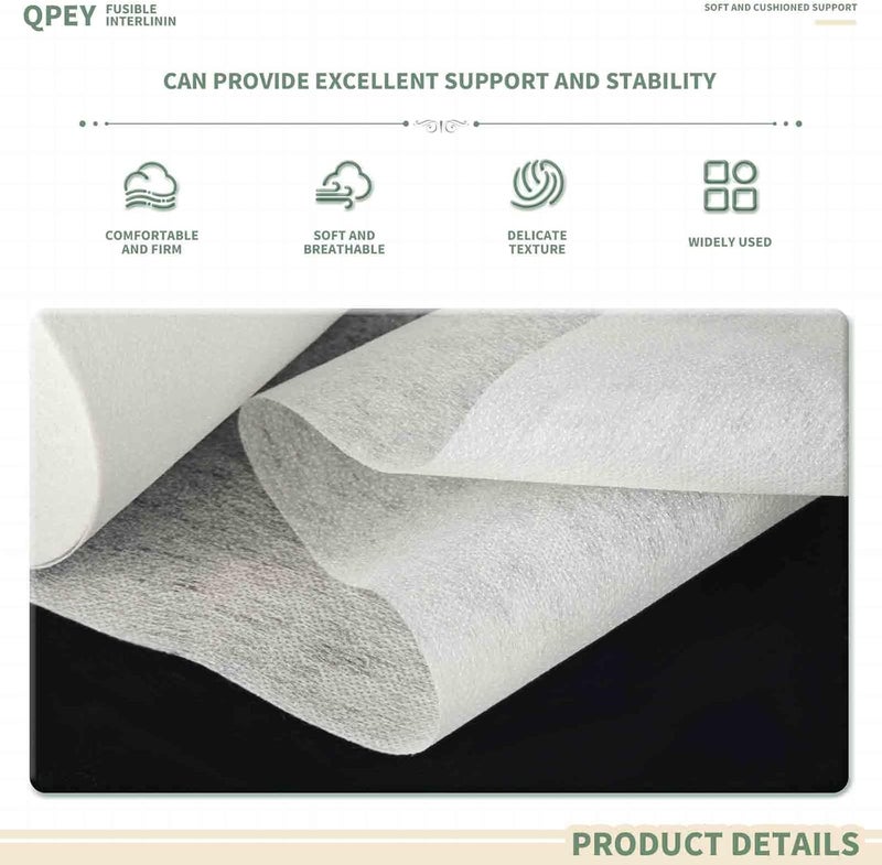 QPEY Light Weight Iron-On Non-Woven Fusible Interfacing,12inch x 60yd Interfacing Fabric for Sewing,Single-Sided Polyester Fabric for DIY Craft Supplies,Quilting,Sewing,Dresses,Collars,Cuffs (Light Weight) - Image 4